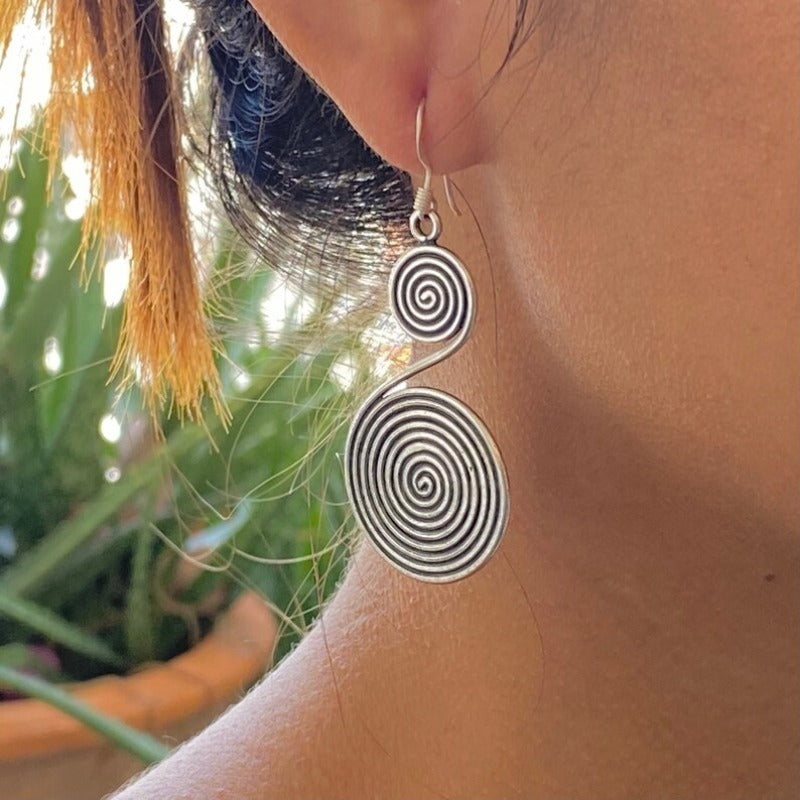 Vintage Spiral Drop Earrings Oxidized Silver-Tone Double Disc Dangle