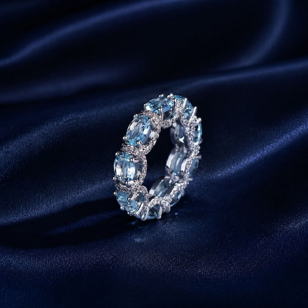S925 Silver Light Blue Eternity Ring | Aquamarine Color CZ Band