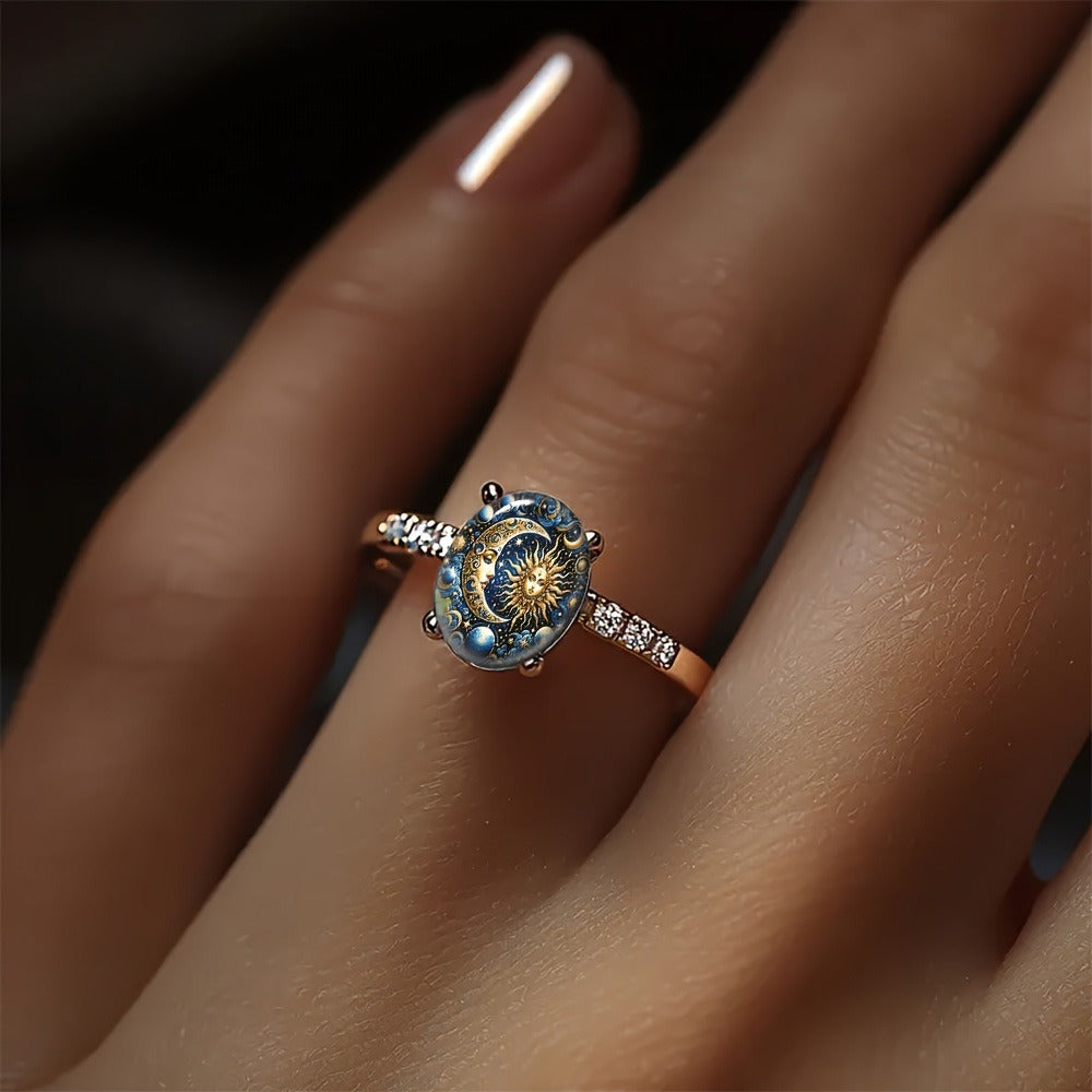 18K Gold Vintage Sun & Moon Ring Mysterious Celestial Art Ring