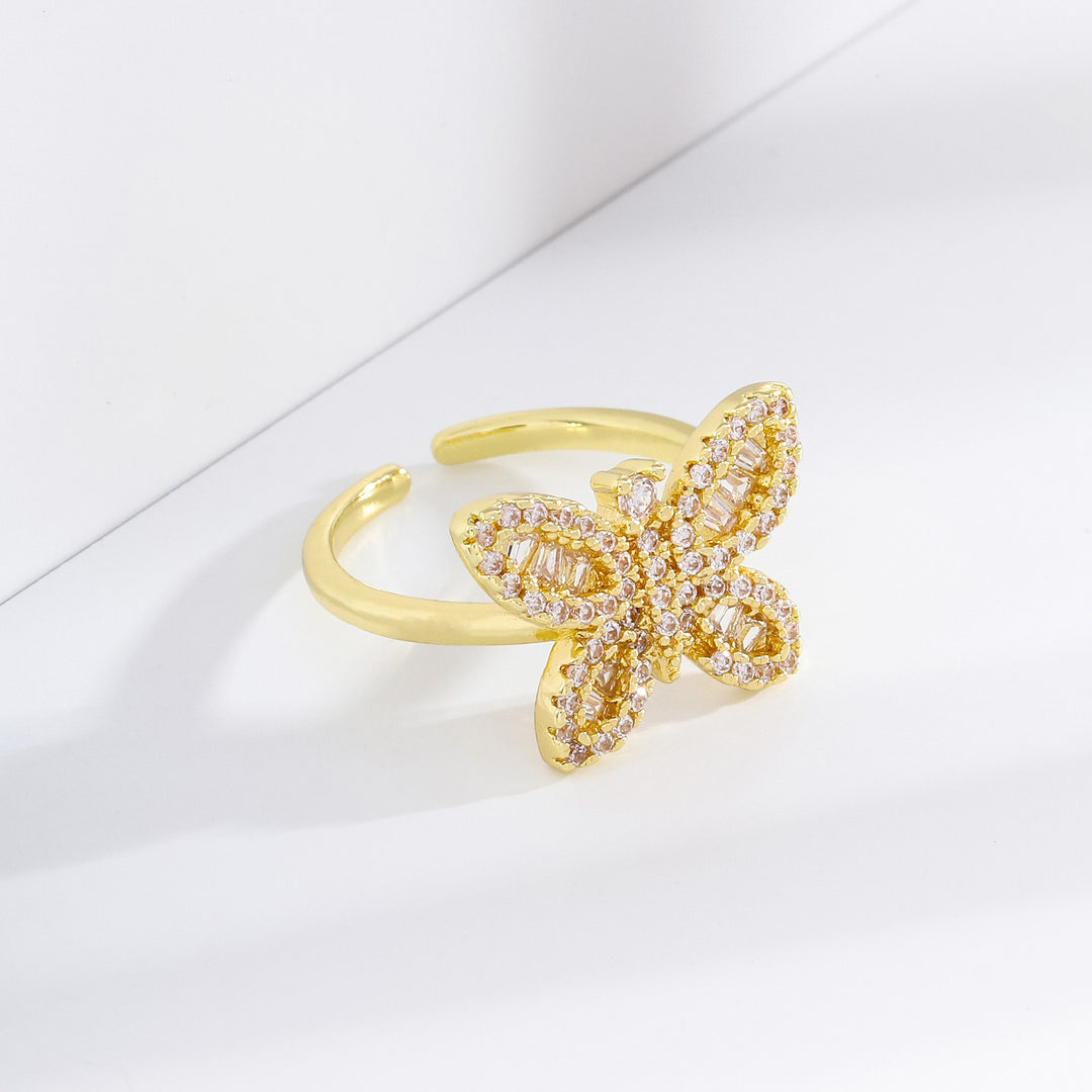 18K Gold 3D Butterfly Open Ring Luxe Pavé Adjustable Statement Ring
