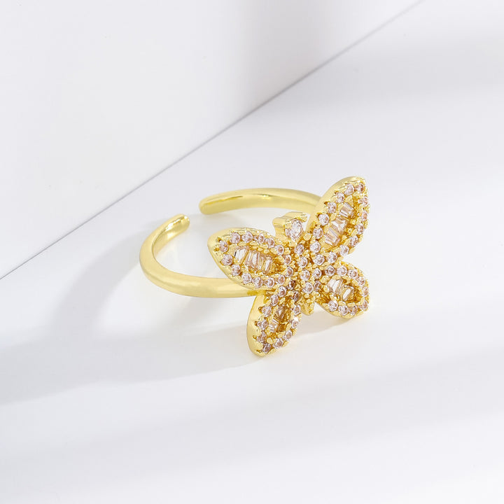 18K Gold 3D Butterfly Open Ring Luxe Pavé Adjustable Statement Ring