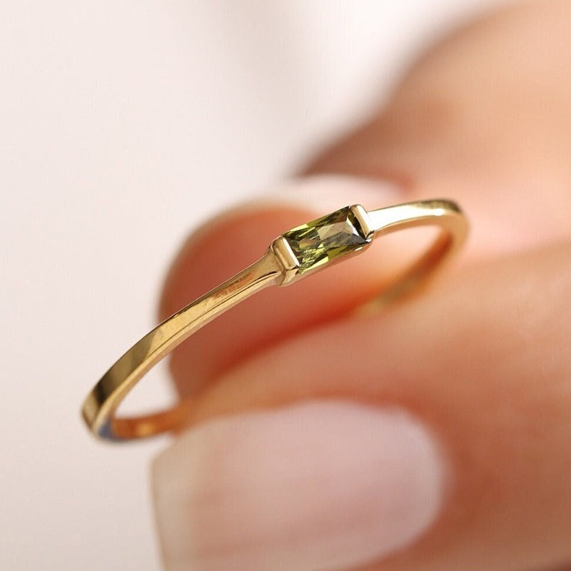18K Gold Dainty Band Minimalist Olive Green Baguette Ring