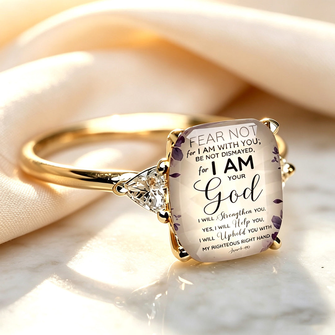 S925 Sterling Silver Bible Verse Square Ring Isaiah 41:10 Pavé Ring