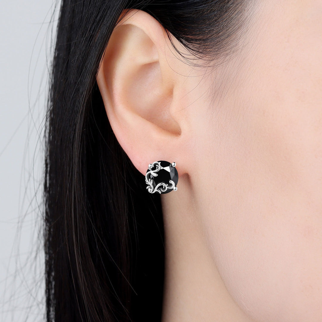 S925 Silver Vintage Vine Black Obsidian Stud Earrings