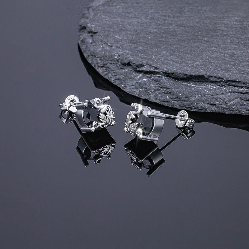 S925 Silver Vintage Vine Black Obsidian Stud Earrings
