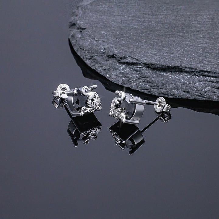 S925 Silver Vintage Vine Black Obsidian Stud Earrings