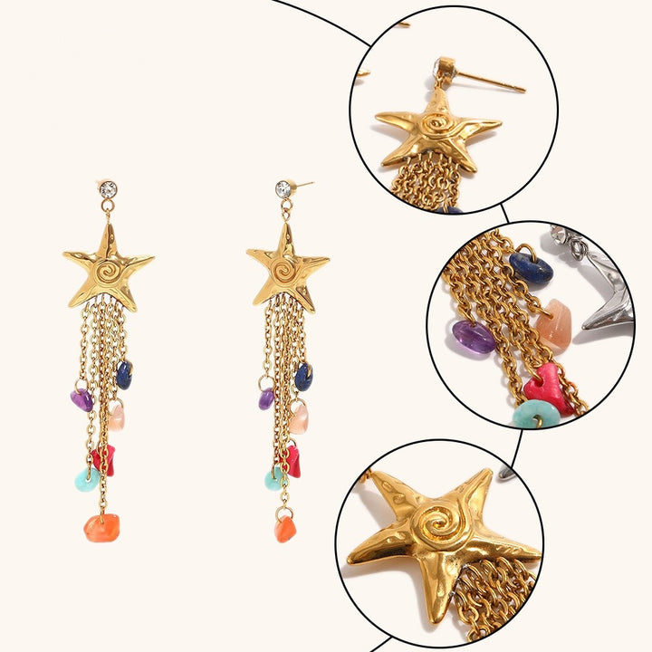 S925 Sterling Silver Starfish Natural Stone Tassel Earrings 18K Gold Bohemian Colorful Gemstone Dangle Earrings