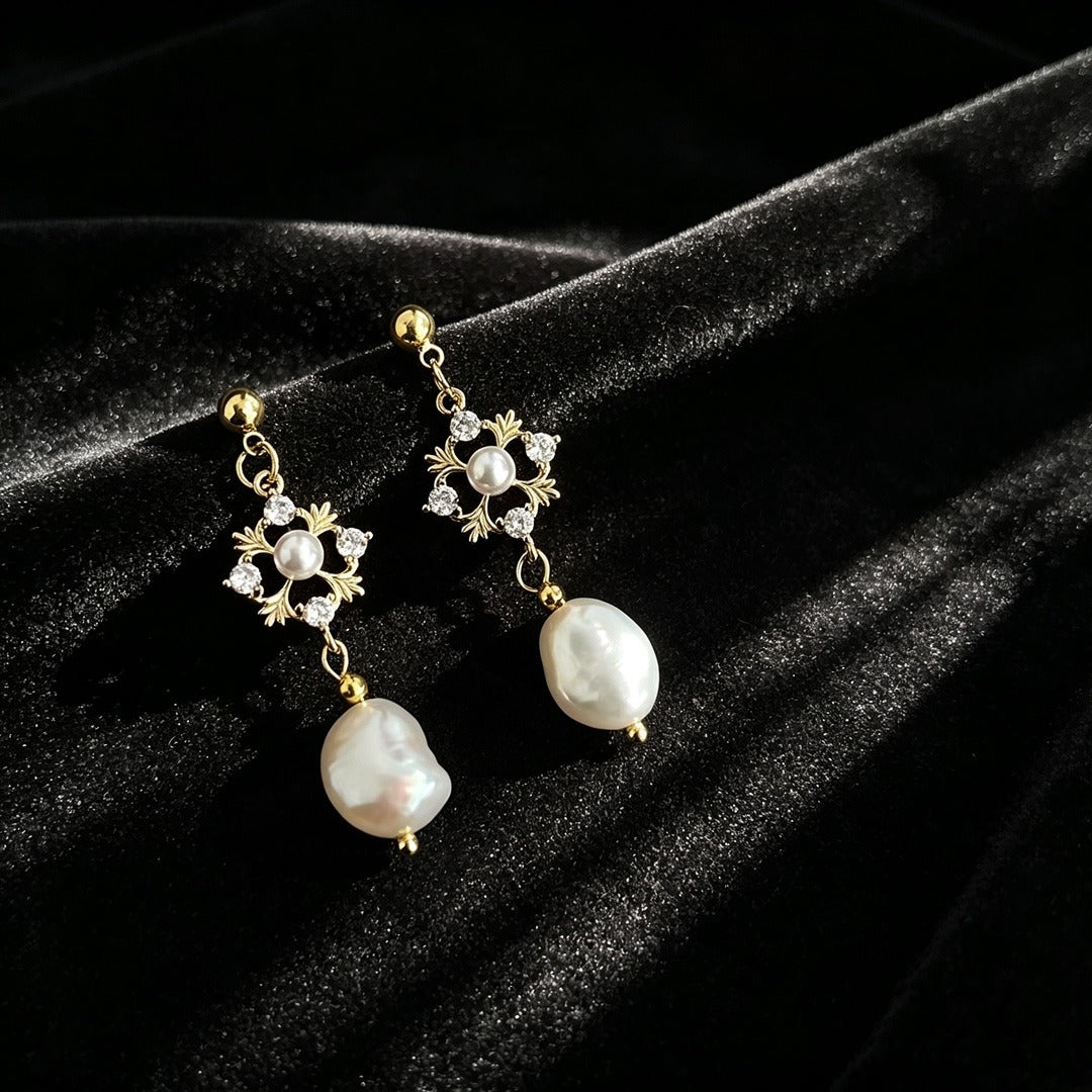 18K Gold Vintage Hollow Pearl Drop Earrings Freshwater Pearl & CZ Dangle Earrings