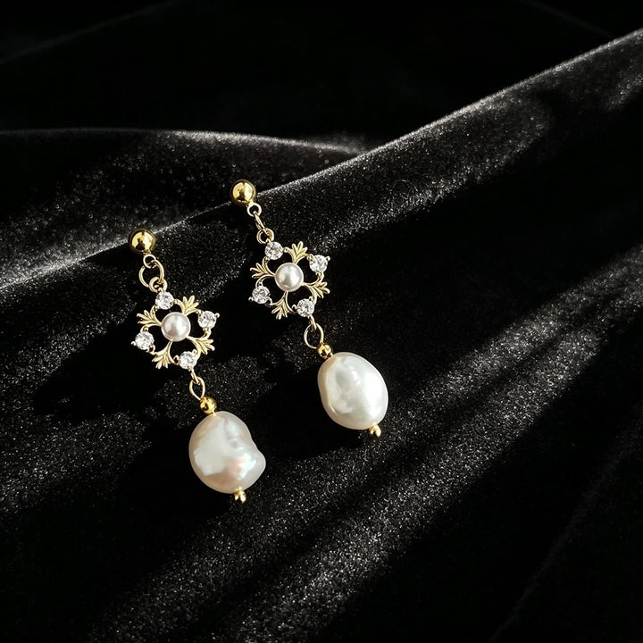 18K Gold Vintage Hollow Pearl Drop Earrings Freshwater Pearl & CZ Dangle Earrings