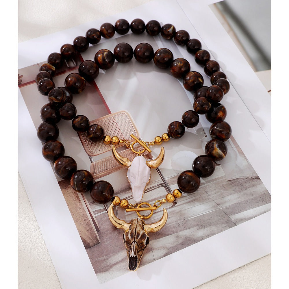 Vintage Western Cow Skull Beaded Necklace | Boho Tiger's Eye Chunky Statement Chain