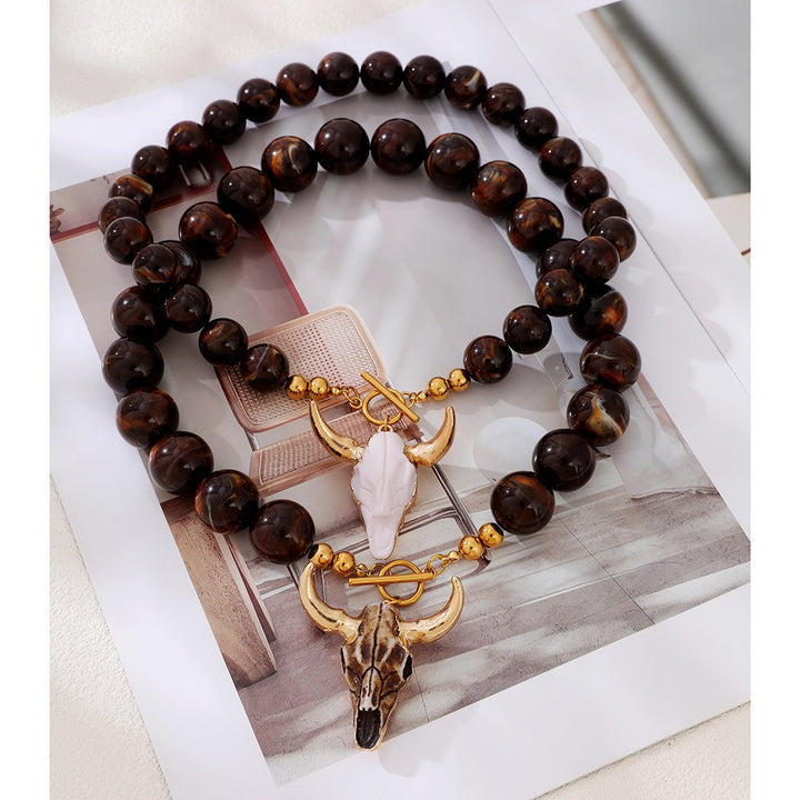 Vintage Western Cow Skull Beaded Necklace | Boho Tiger's Eye Chunky Statement Chain