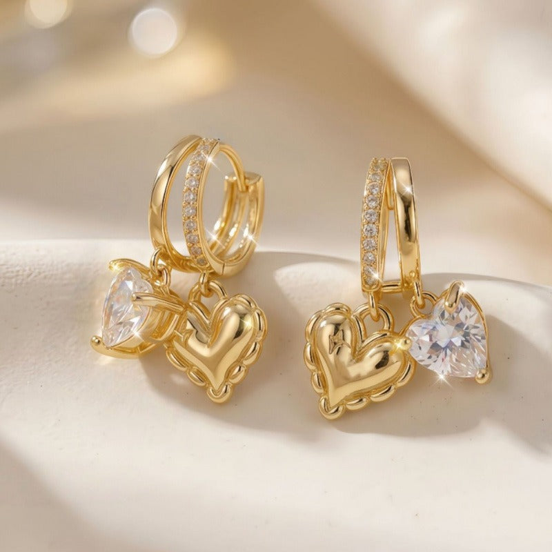 18K Gold Plated Double Heart Huggie Earrings