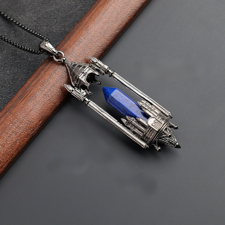 Gothic Boundary Guardian Natural Crystal Point Castle Pendant Necklace