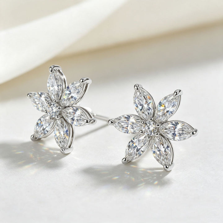 Six-Petal Marquise CZ Flower Stud Earrings