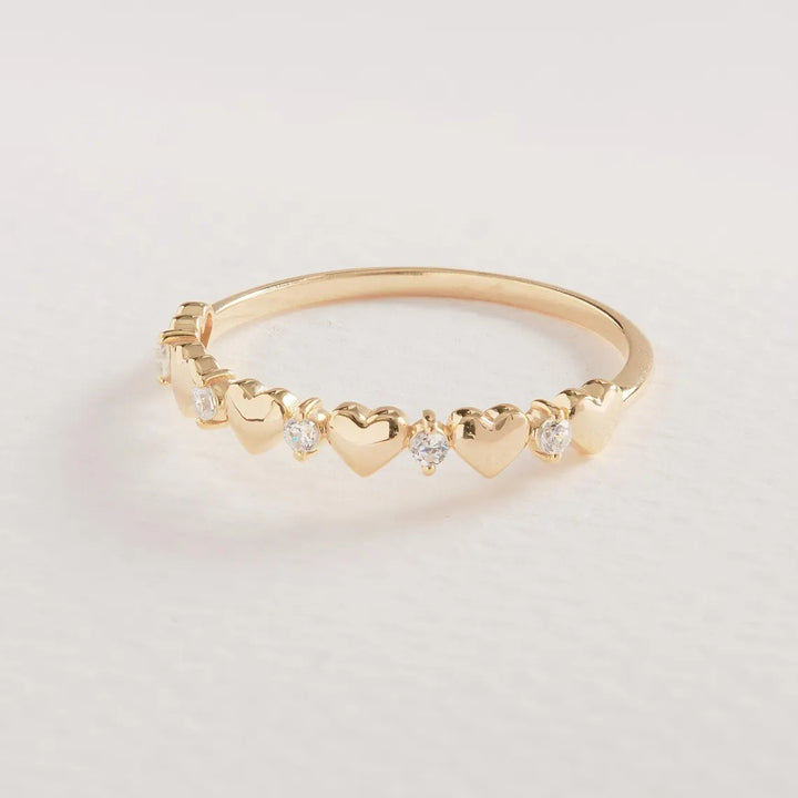 18K Gold Heart & Stone Alternating Dainty Ring Sweet Romantic Stackable Band