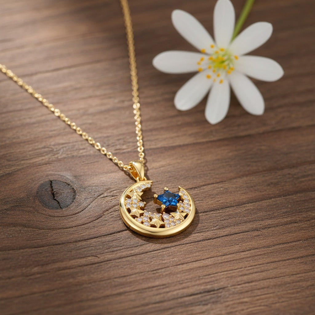 18K Gold Blue CZ Star & Moon Necklace