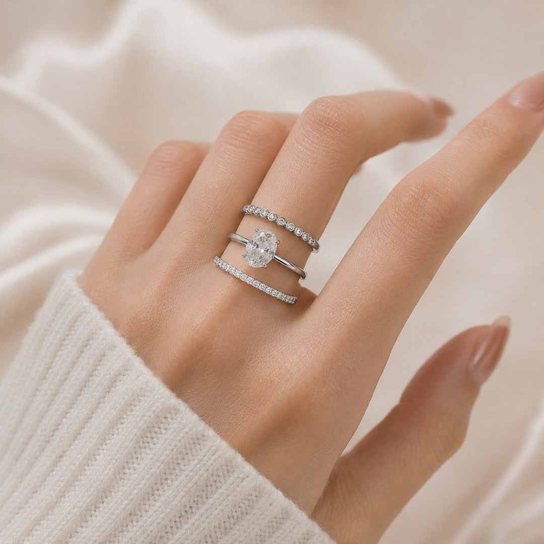 S925 Sterling Silver Oval Solitaire & Pavé Eternity Band 3-Piece Stacking Ring Set