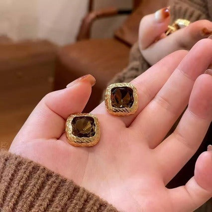 Vintage Amber Cushion Cut Stud Earrings