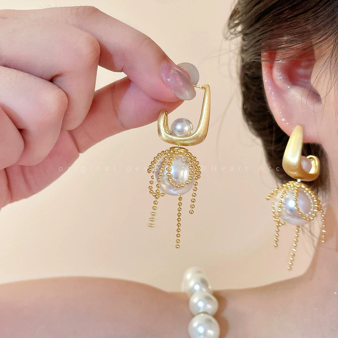 Vintage U-Shape Pearl Tassel Earrings