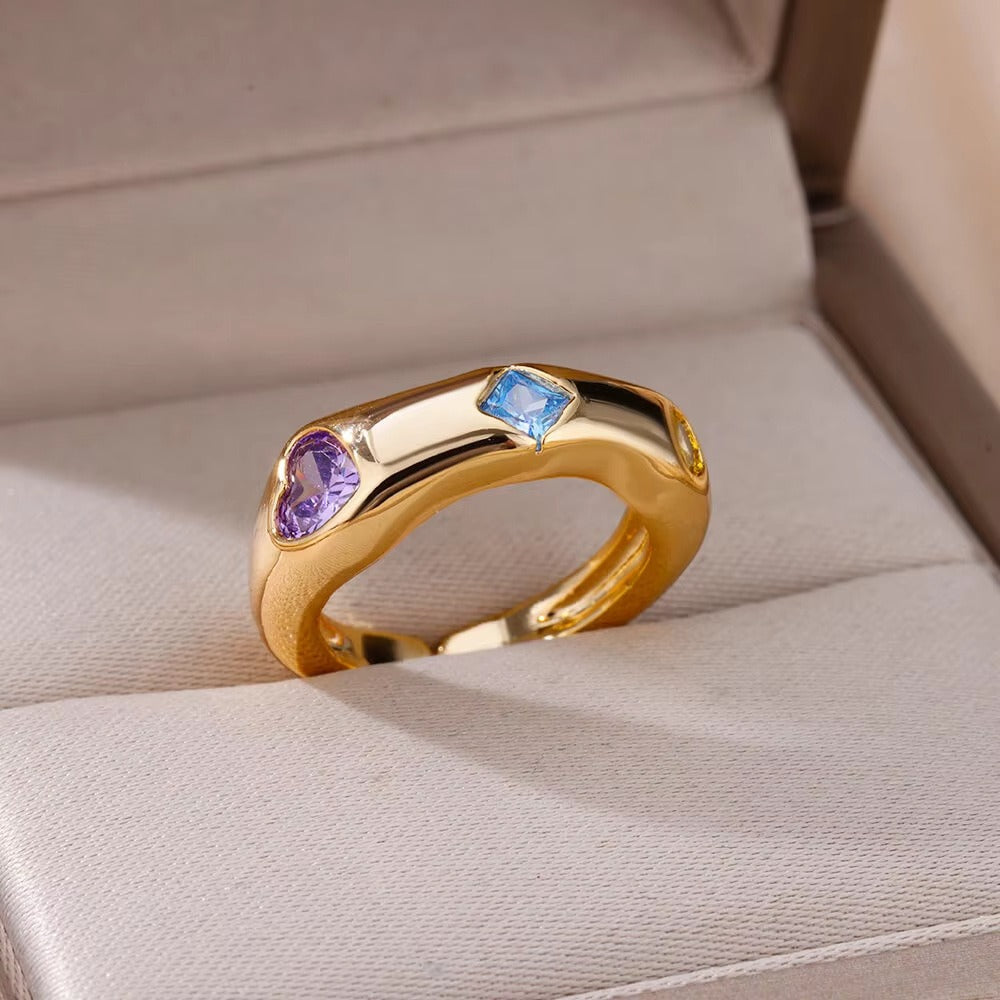 Prismatic Flow Geometric Cut Colorful Gemstone Wide Band Adjustable Ring