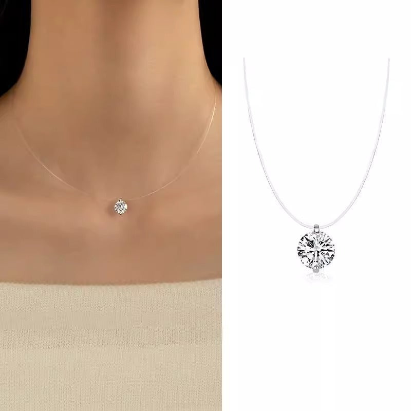 Invisible Clear Line Necklace Solitaire Round CZ Floating Pendant