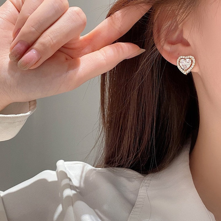 18K Gold & Silver Heart Halo CZ Stud Earrings