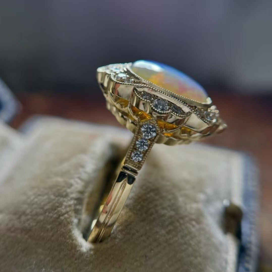 18K Gold Vintage Opal Ring Lace Halo Scalloped CZ Statement Ring
