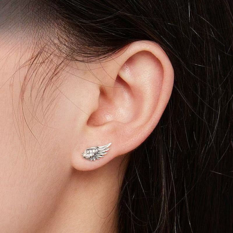 S925 Silver Angel Wing Stud Earrings 18K Gold Plated CZ Guardian Wings
