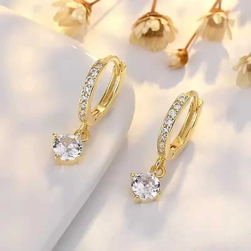 S925 Silver Pavé Huggie Hoops 18K Gold Drop CZ Charm Earrings