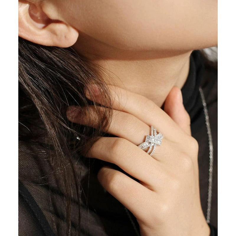 S925 Sterling Silver Crossed Ribbon Pavé Ring