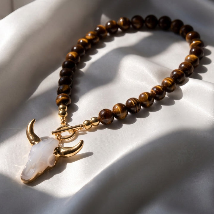 Vintage Western Cow Skull Beaded Necklace | Boho Tiger's Eye Chunky Statement Chain