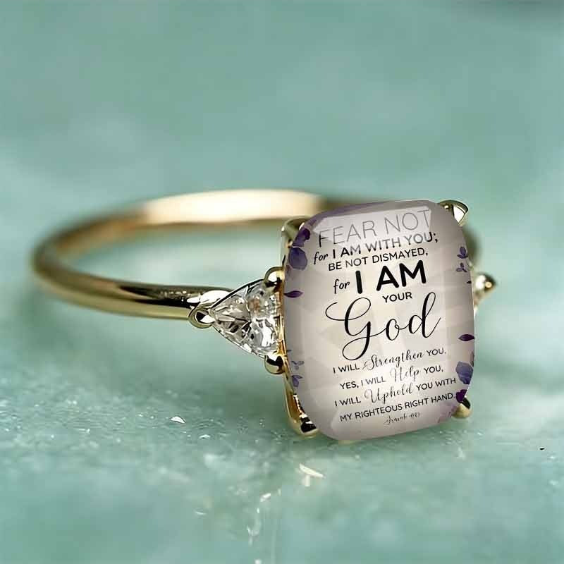 S925 Sterling Silver Bible Verse Square Ring Isaiah 41:10 Pavé Ring