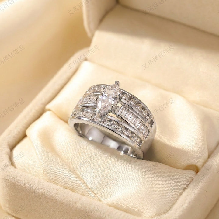 Vintage Wide Marquise Statement Mixed-Cut Pave Bands Ring