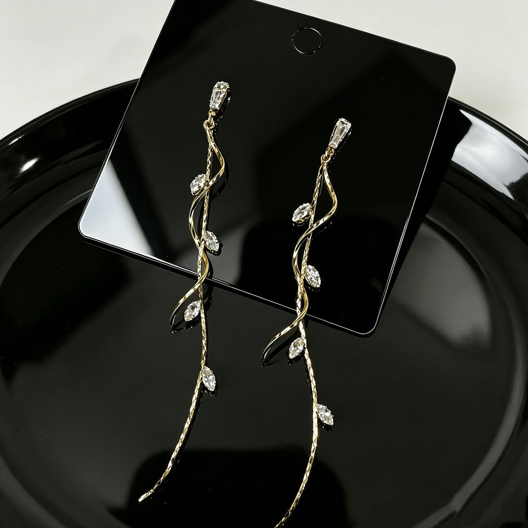 S925 Silver Vine Leaf Tassel Threader Earrings Ethereal Marquise CZ Long Drop Earrings