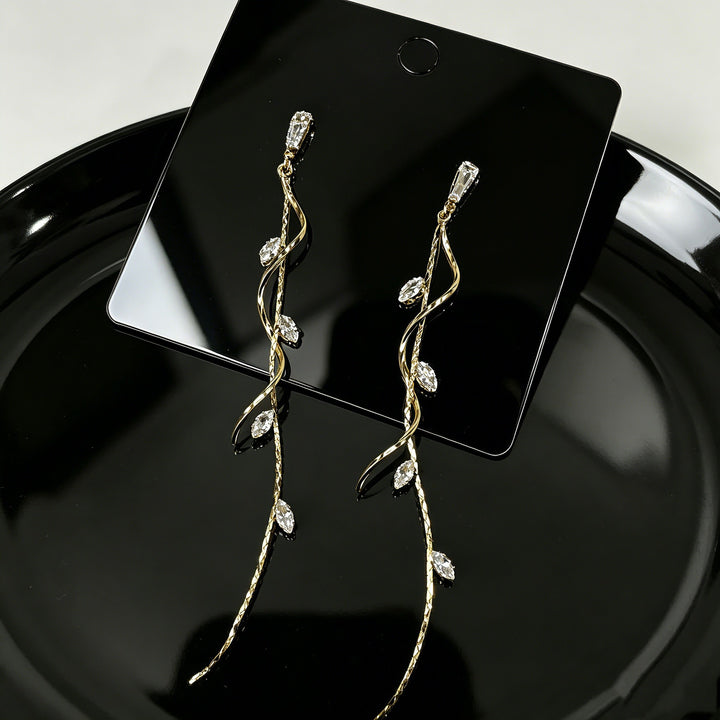 S925 Silver Vine Leaf Tassel Threader Earrings Ethereal Marquise CZ Long Drop Earrings