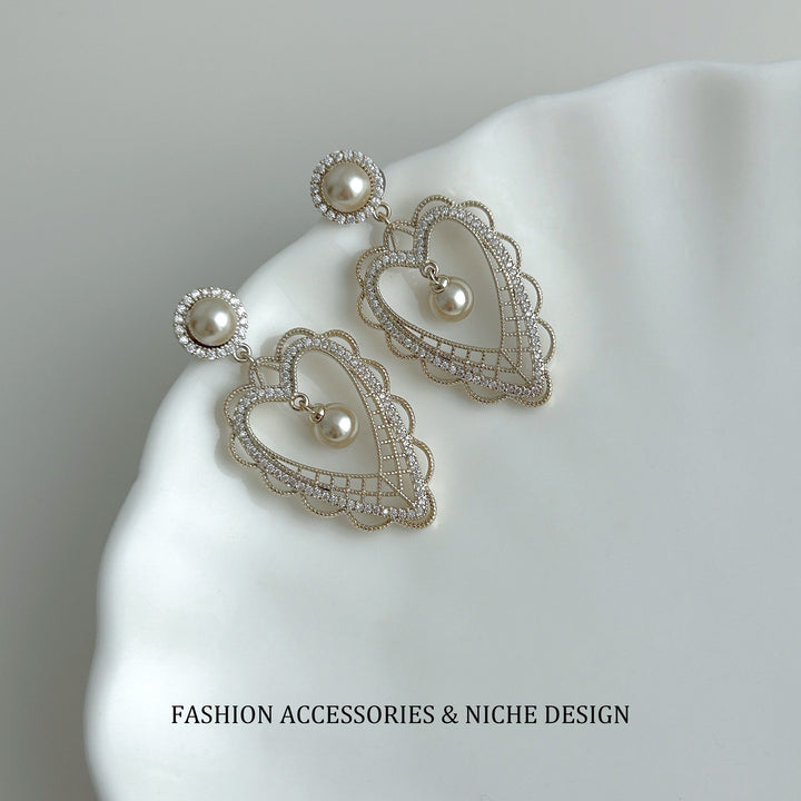 18K Gold & Silver Plated CZ Vintage Lace Heart Pearl Drop Earrings