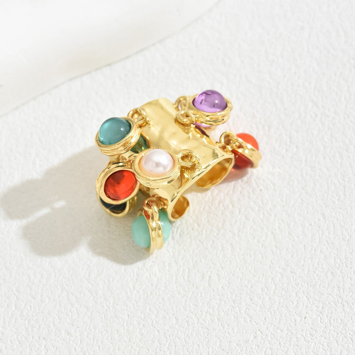 18K Gold Natural Stone Charm Open Ring Boho Vintage Wide Band Statement Ring