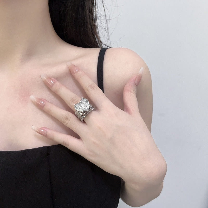 S925 Sterling Silver Iced-Out Heart Ring