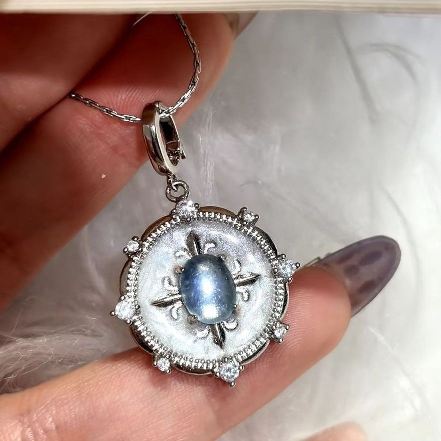 Starlit Serenity · Vintage Court Style Aquamarine & Mother-of-Pearl Pavé Pendant Necklace