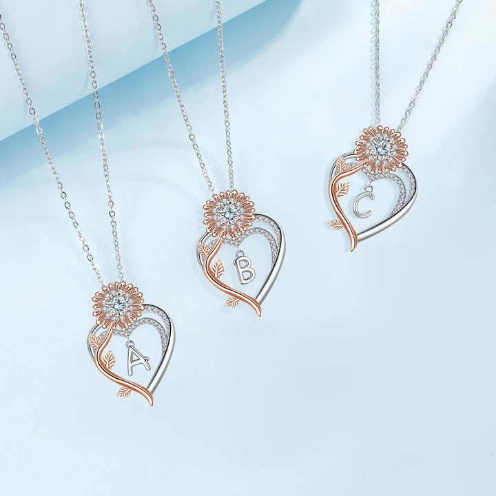 S925 Silver Sunflower Heart Initial Necklace Personalized A-Z Letter Pendant
