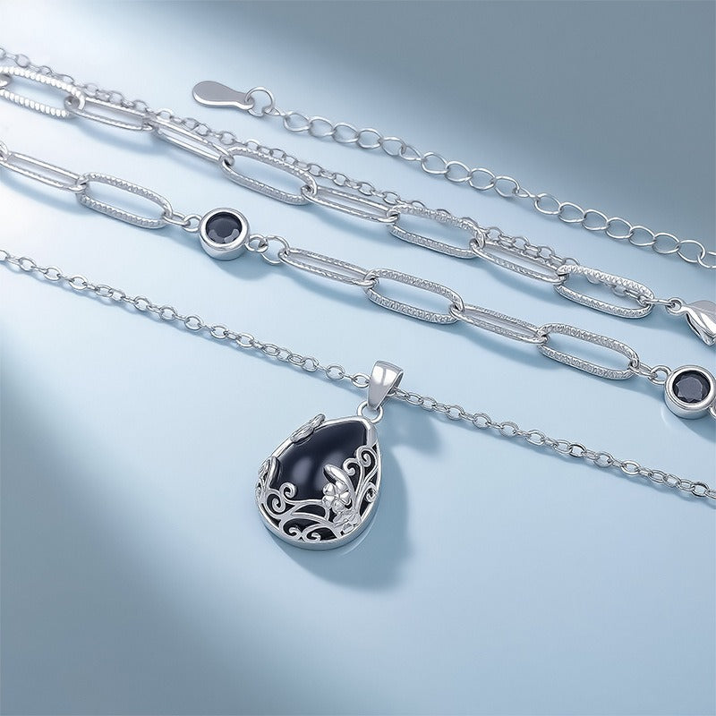 S925 Silver Vintage Black Obsidian Necklace