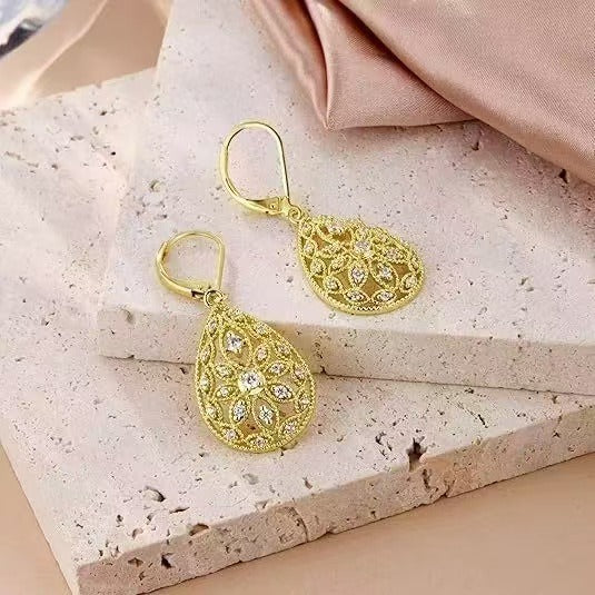 14K Gold Plated CZ S925 Silver Leverback French Vintage Teardrop Filigree Earrings