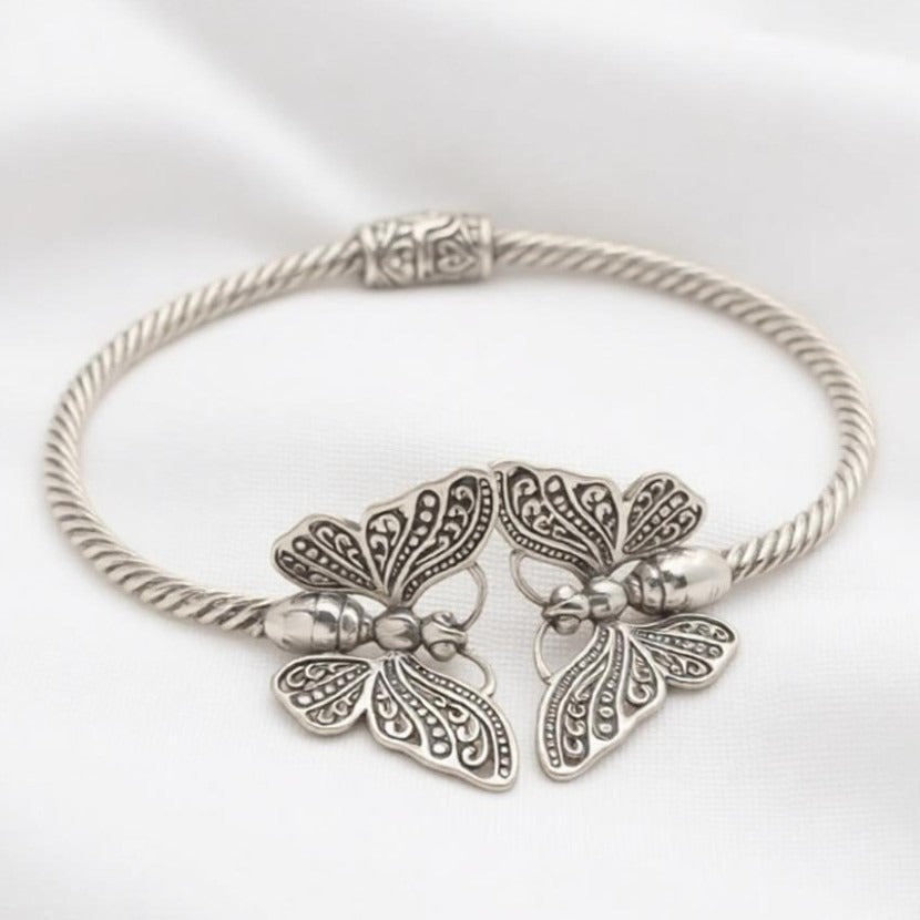 S925 Sterling Silver Twisted Texture Vintage Butterfly Open Cuff Bracelet