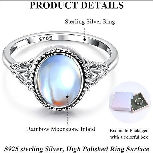 S925 Sterling Silver Vintage Heart Moonstone Ring