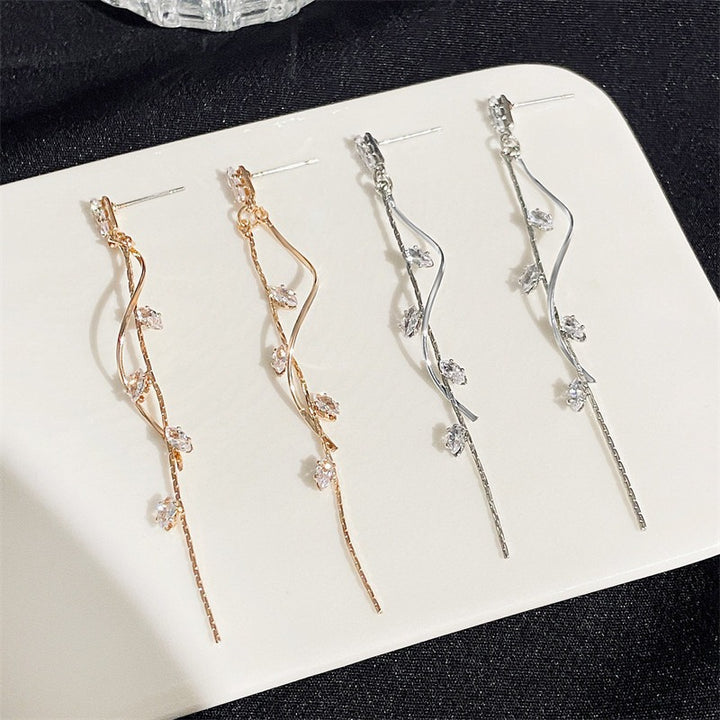 S925 Silver Vine Leaf Tassel Threader Earrings Ethereal Marquise CZ Long Drop Earrings