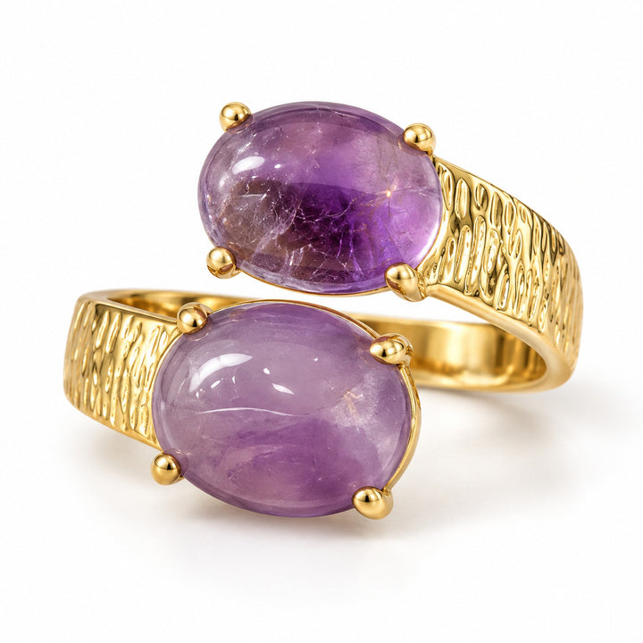 Natural Gemstone 18K Gold Plated Vintage Hammered Double-Stone Open Ring