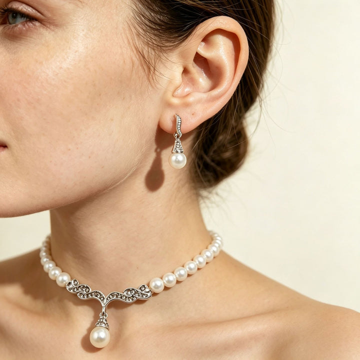 French Vintage Pearl Necklace & Earrings Set
