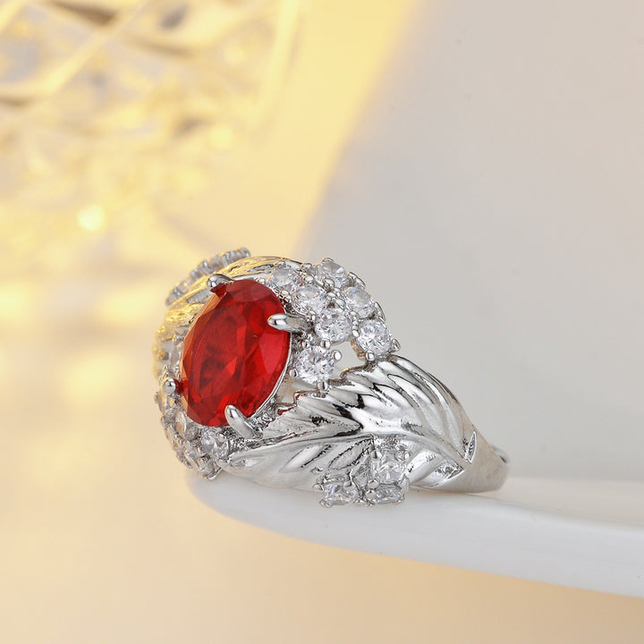 Vintage Feather & Leaf Open Ring Ruby or Champagne Center Stone