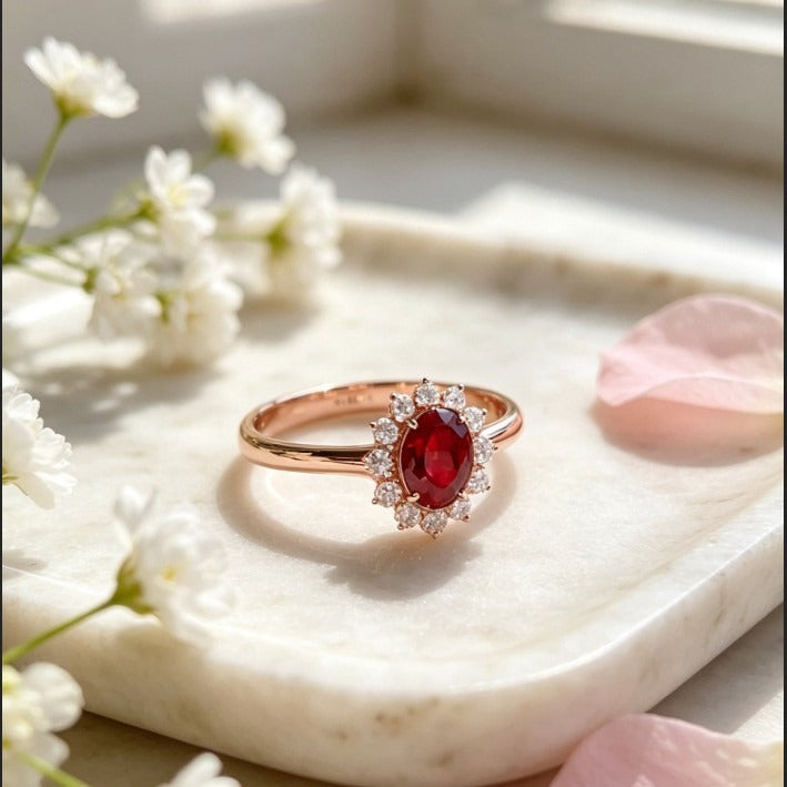 18K Rose Gold Diamond Halo Vintage Pigeon Blood Ruby Ring
