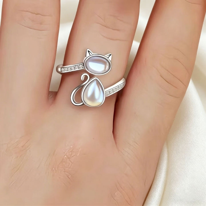 S925 Sterling Silver Moonstone Cat Ring